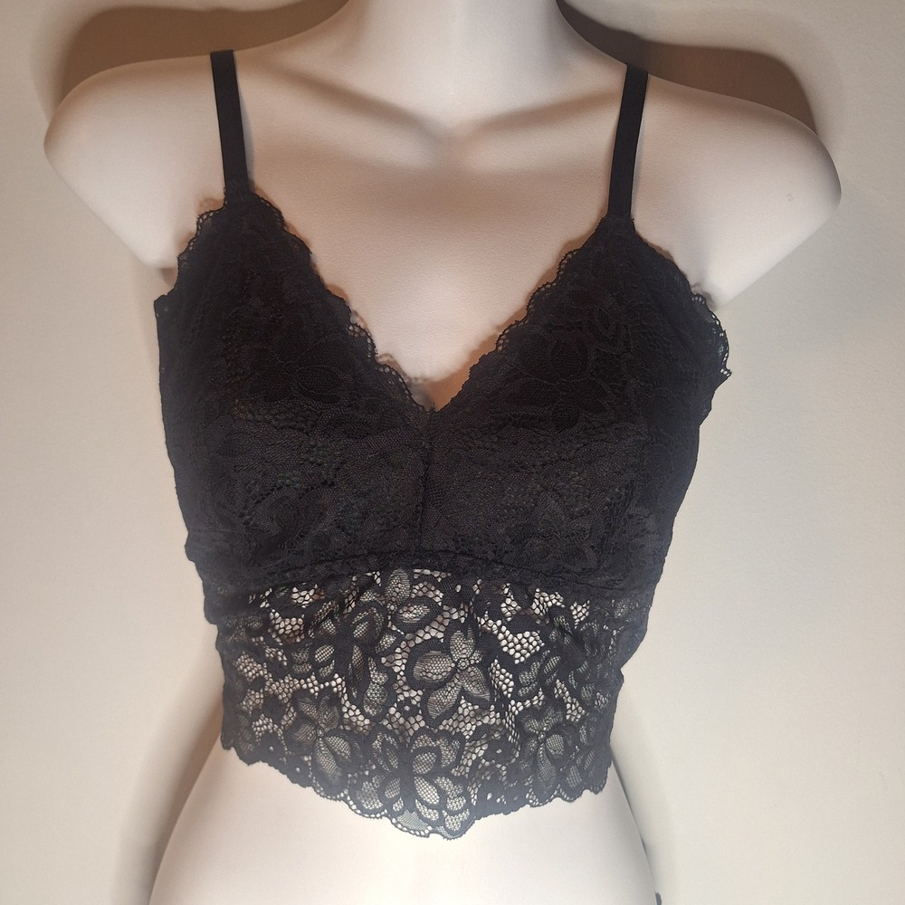 Black Floral Lace Longline Bralette V-Neck Crop Top Size Medium